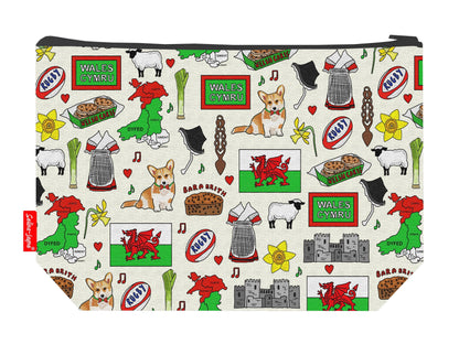 Wales toiletry bag with Welsh heritage symbols showing washable lining and colour-coordinated zip