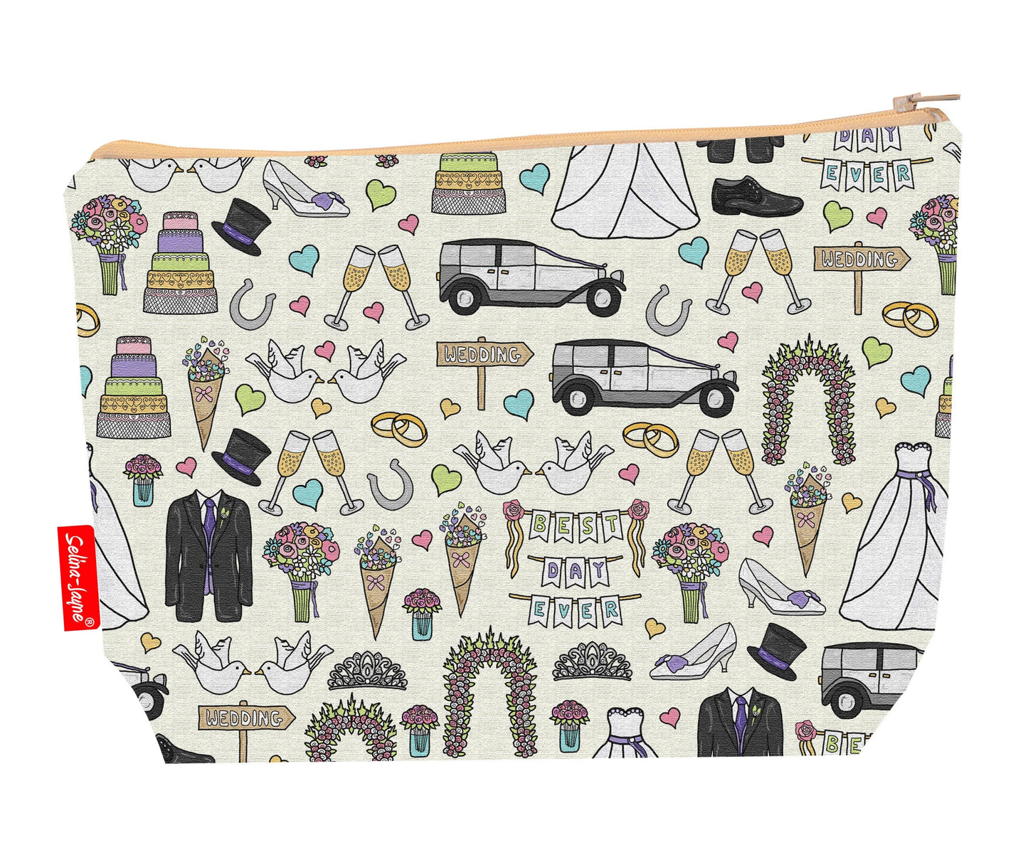 Wedding Day toiletry bag with bridal design showing washable lining and colour-coordinated zip