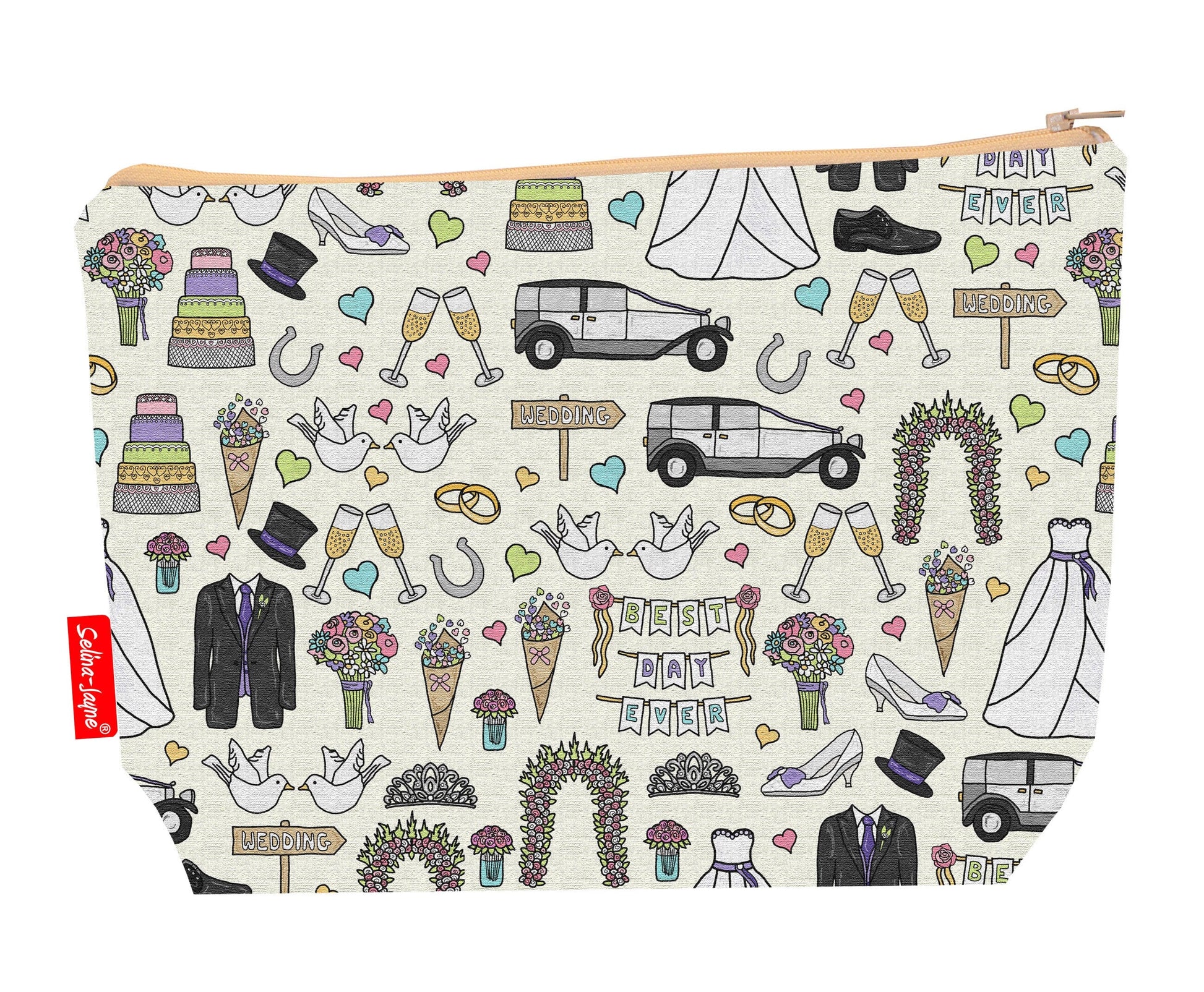 Wedding Day toiletry bag with bridal design showing washable lining and colour-coordinated zip