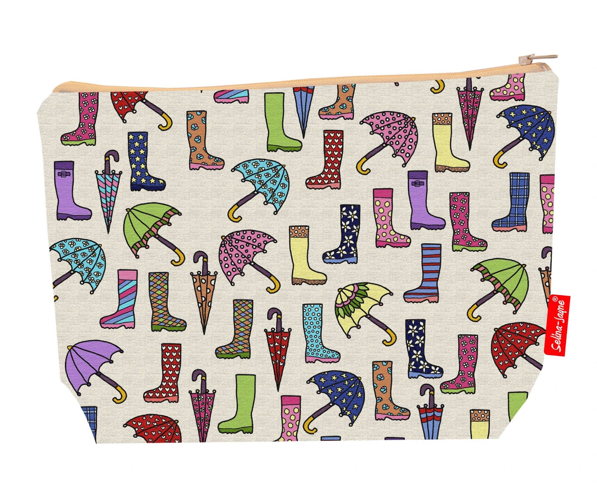Premium British weather wash bag with vibrant HD wellies and brollies design, perfect for travel and everyday use