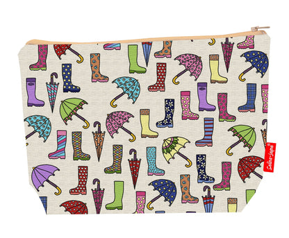 Premium British weather wash bag with vibrant HD wellies and brollies design, perfect for travel and everyday use