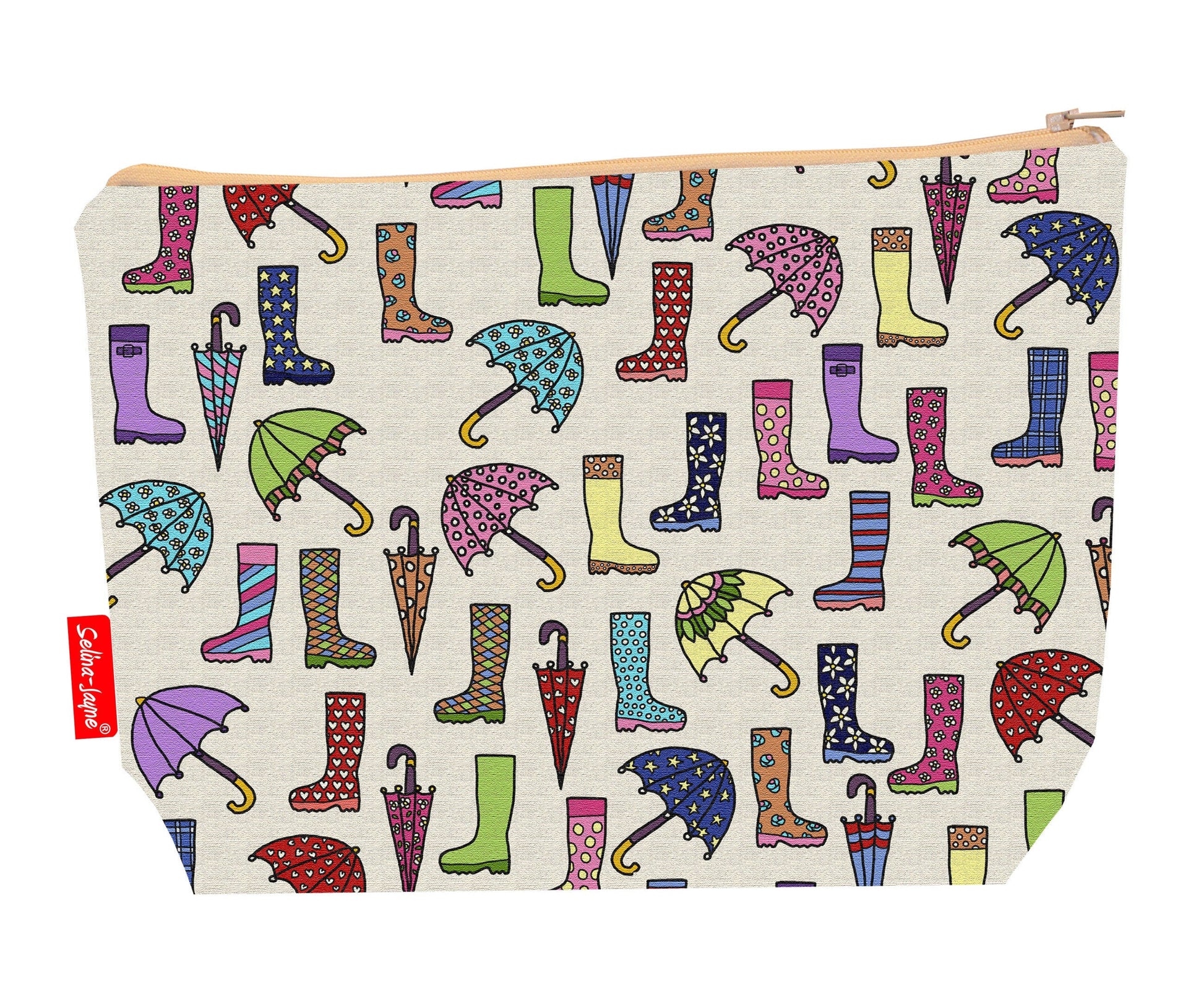 Wellies and Brollies toiletry bag with wellington boots and umbrella print showing washable lining and colour-coordinated zip