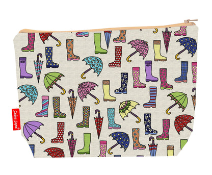 Wellies and Brollies toiletry bag with wellington boots and umbrella print showing washable lining and colour-coordinated zip