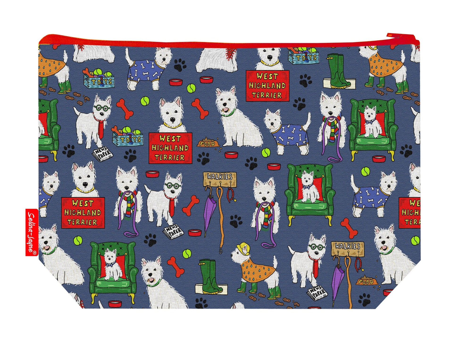 West Highland Terriers toiletry bag with Westie dog print showing washable lining and colour-coordinated zip