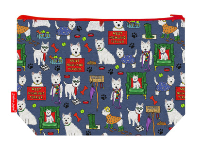 West Highland Terriers toiletry bag with Westie dog print showing washable lining and colour-coordinated zip