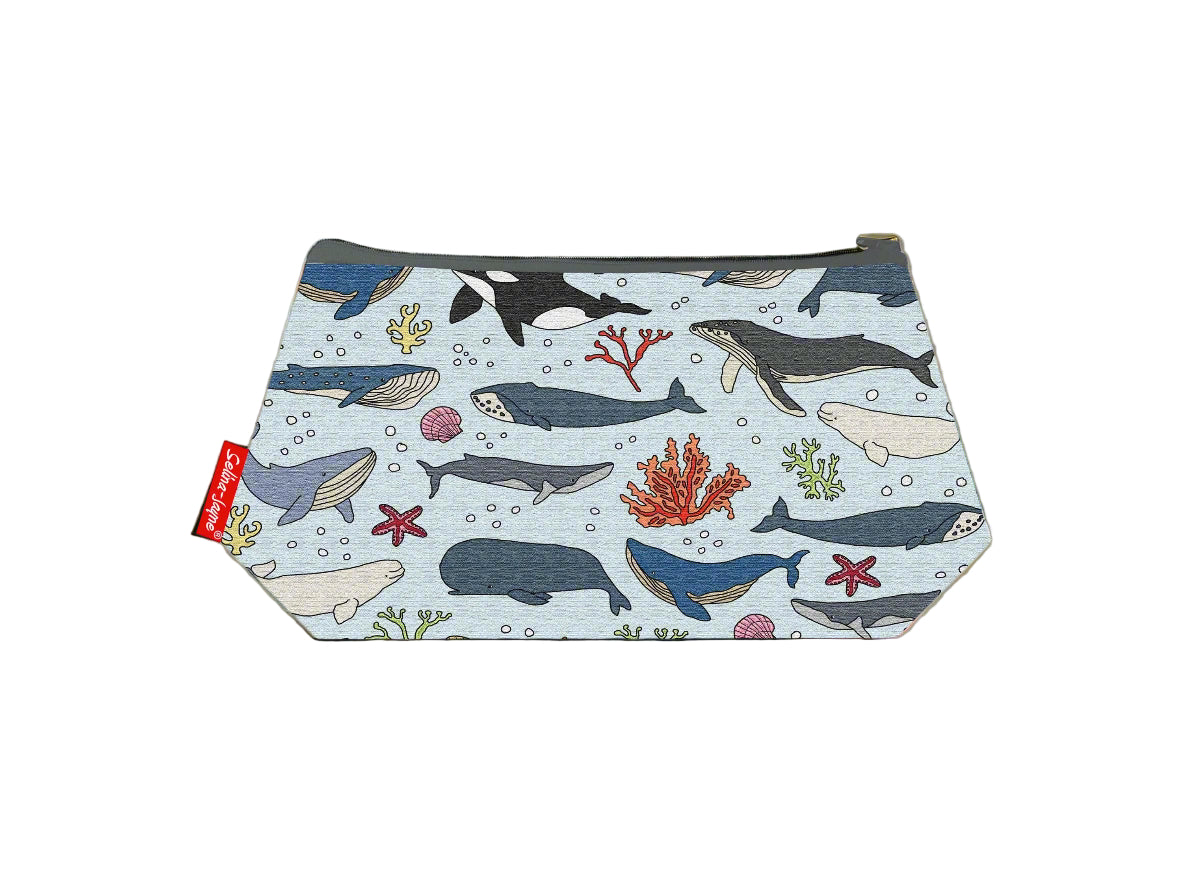 Whales cosmetic bag by Selina-Jayne featuring marine wildlife whale design on premium polyester with wipe-clean lining