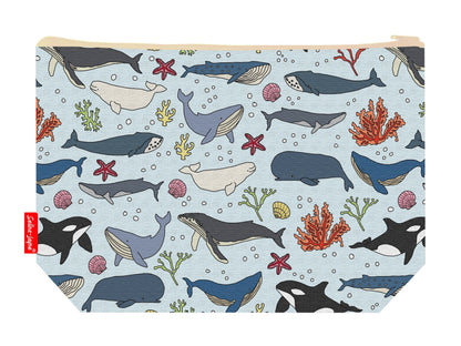 Whales toiletry bag with ocean whale print showing washable lining and colour-coordinated zip