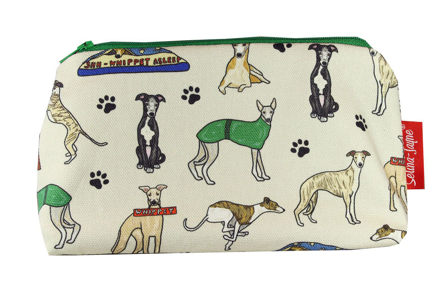 Whippet Dogs cosmetic bag by Selina-Jayne featuring sighthound Whippet breed design on premium polyester with wipe-clean lining
