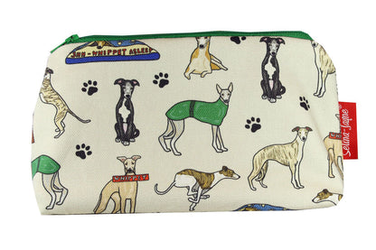 Whippet Dogs cosmetic bag by Selina-Jayne featuring sighthound Whippet breed design on premium polyester with wipe-clean lining