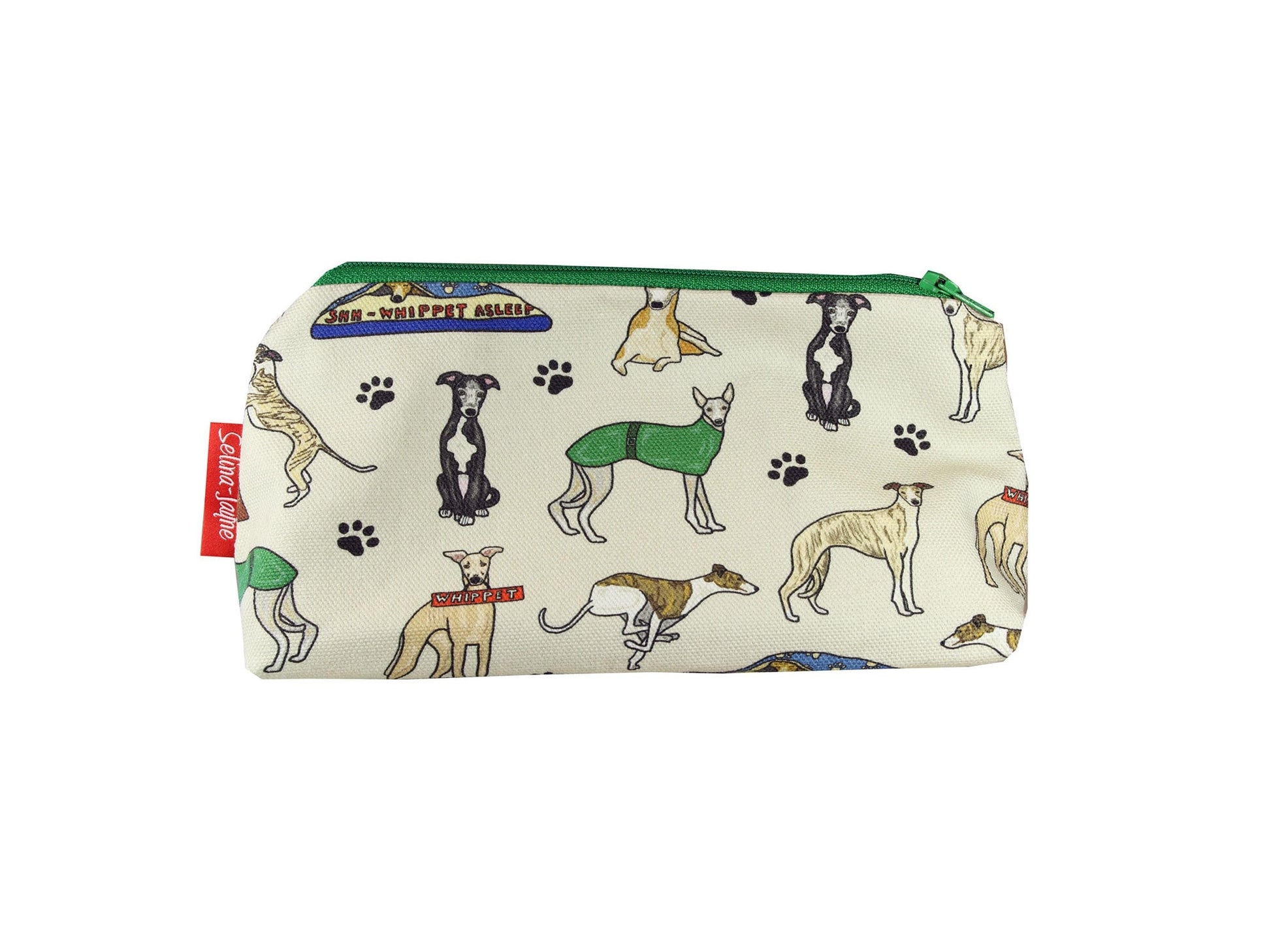 Whippet Dogs cosmetic bag by Selina-Jayne featuring sighthound Whippet breed design on premium polyester with wipe-clean lining