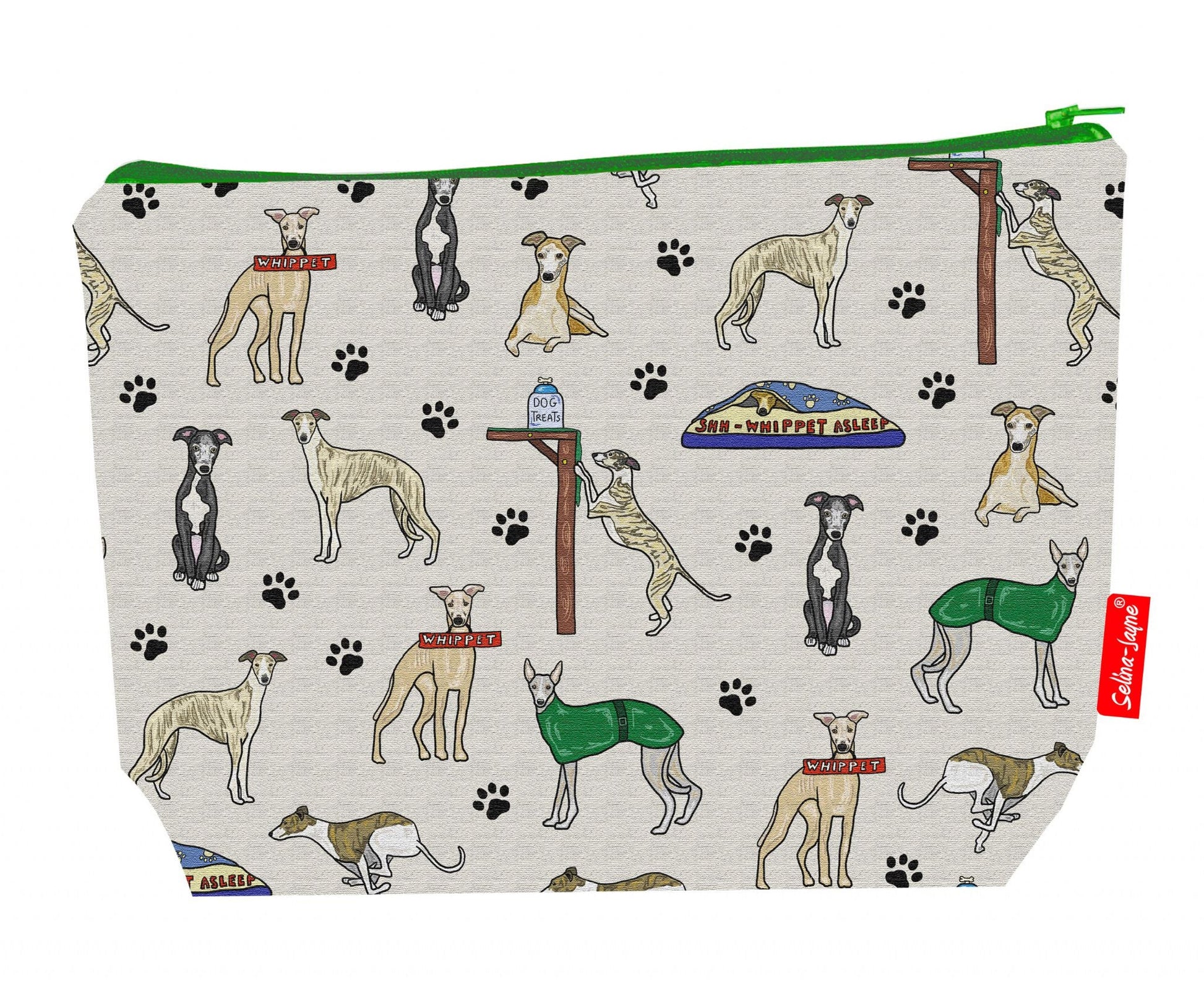 Premium dog lover wash bag with vibrant HD Whippet design, perfect for travel and everyday use
