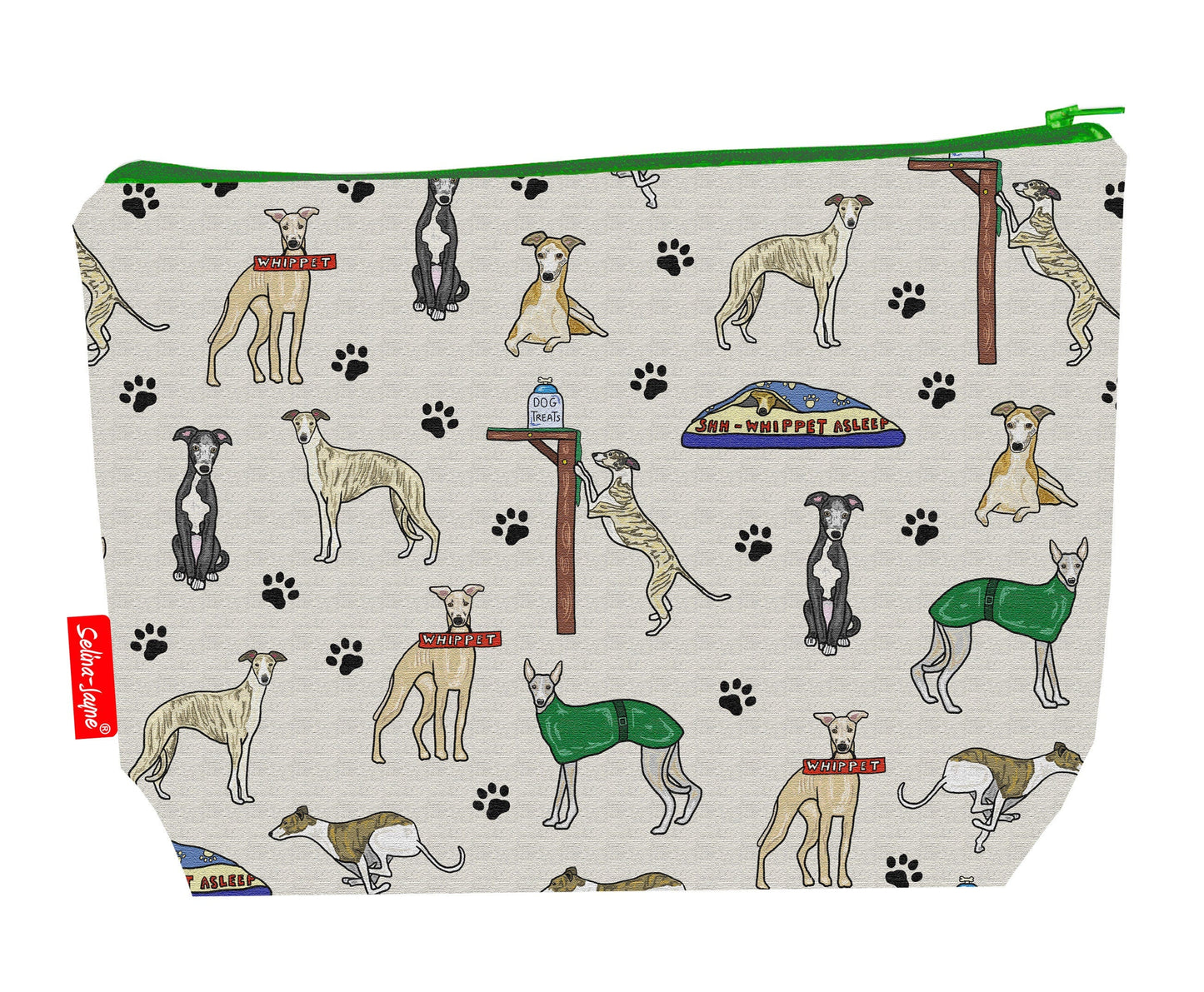 Whippet Dogs toiletry bag with sighthound print showing washable lining and colour-coordinated zip