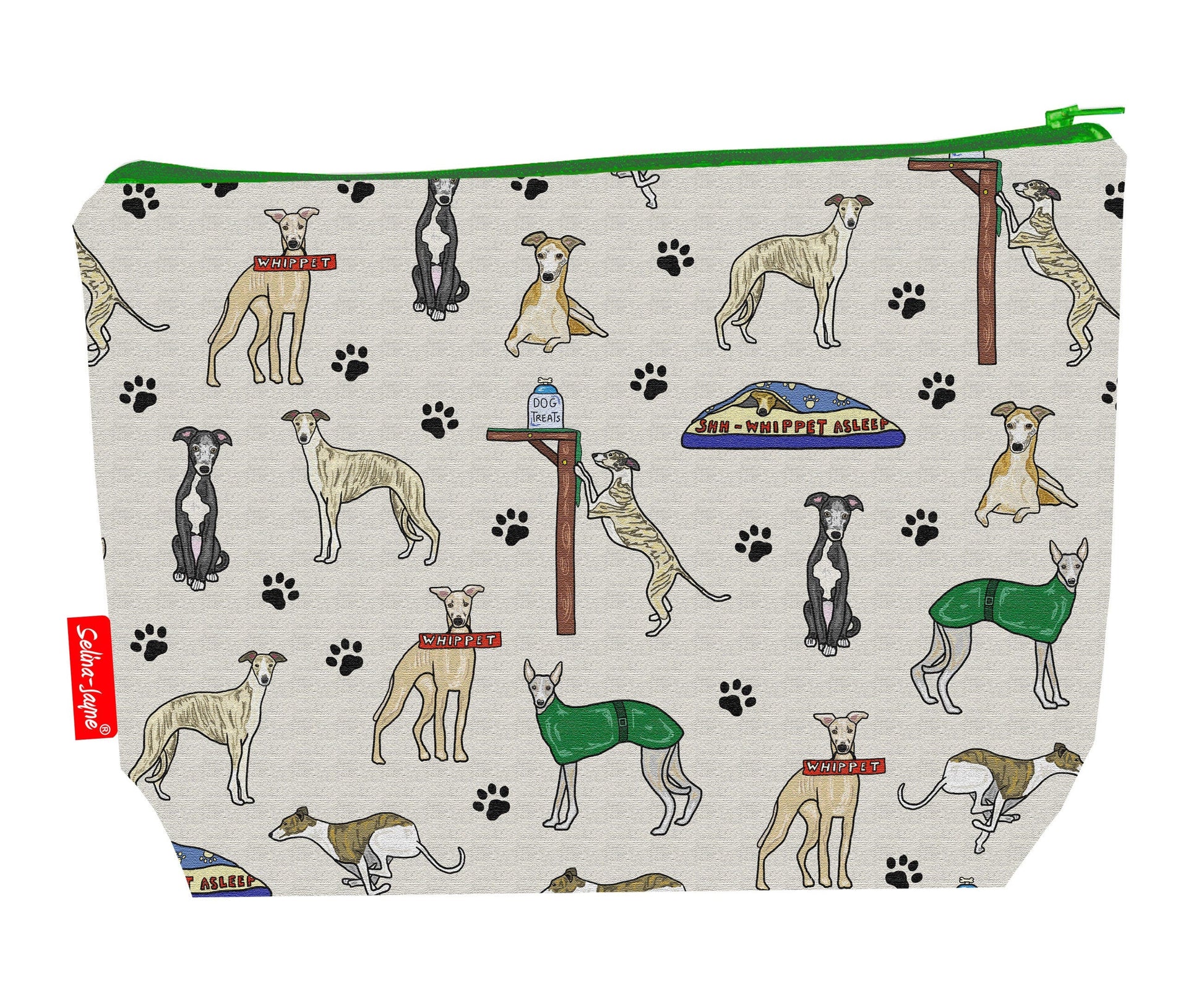 Whippet Dogs toiletry bag with sighthound print showing washable lining and colour-coordinated zip