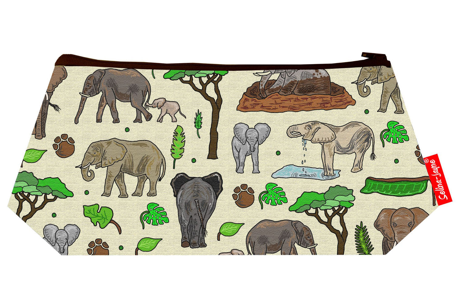 Wild Elephants cosmetic bag by Selina-Jayne featuring African elephant wildlife design on premium polyester with wipe-clean lining