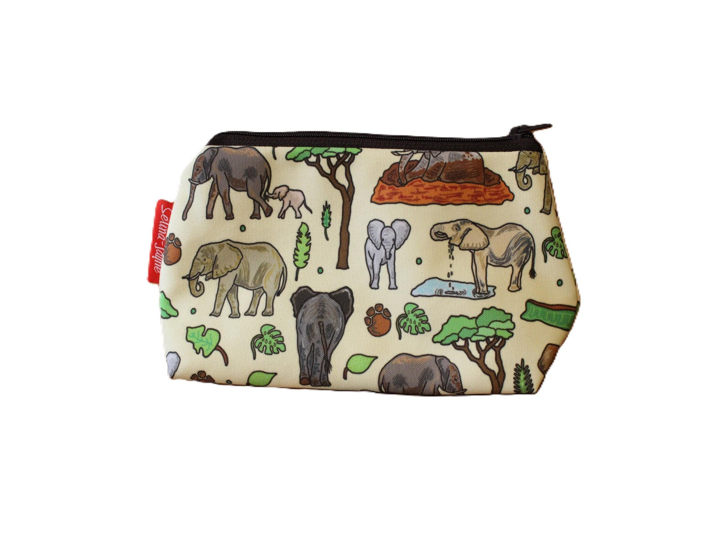 Wild Elephants cosmetic bag by Selina-Jayne featuring African elephant wildlife design on premium polyester with wipe-clean lining
