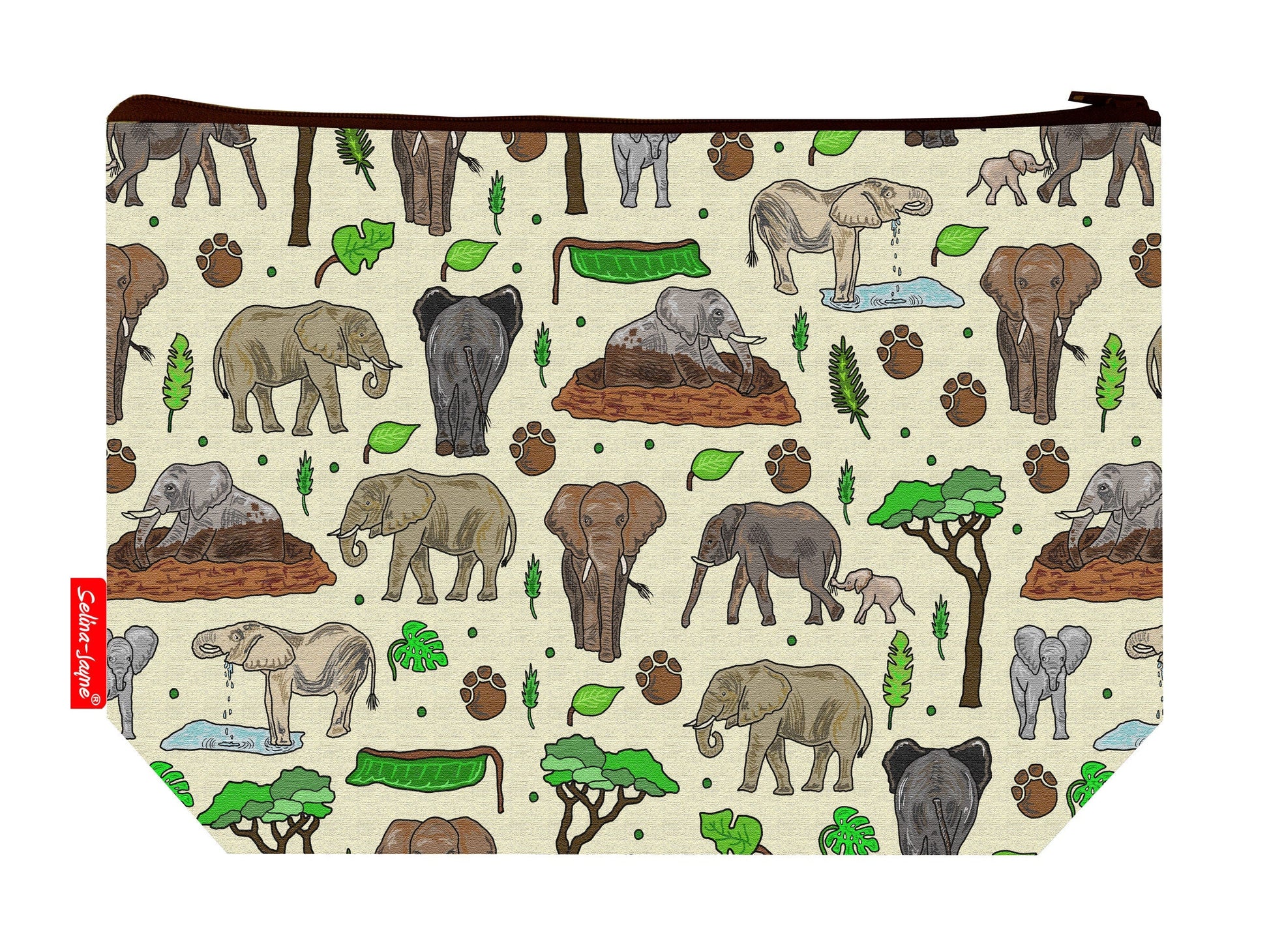 Wild Elephants toiletry bag with African elephant print showing washable lining and colour-coordinated zip