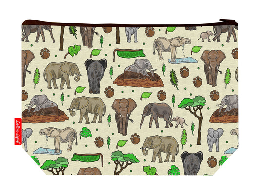 Wild Elephants toiletry bag with African elephant print showing washable lining and colour-coordinated zip