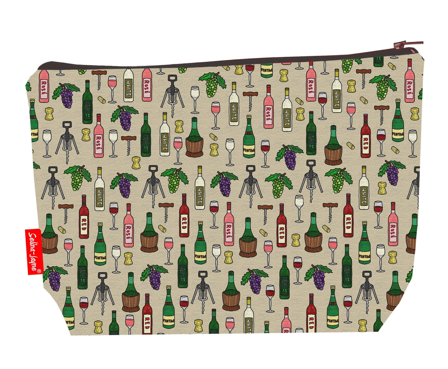 Wine toiletry bag with wine lover print showing washable lining and colour-coordinated zip