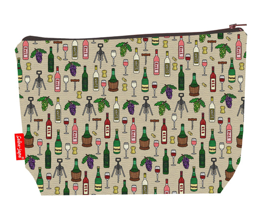 Wine toiletry bag with wine lover print showing washable lining and colour-coordinated zip