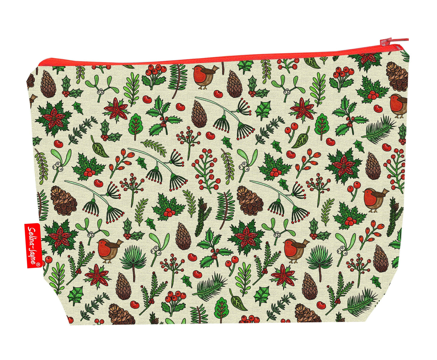 Winter Meadow toiletry bag with festive winter botanical print showing washable lining and colour-coordinated zip