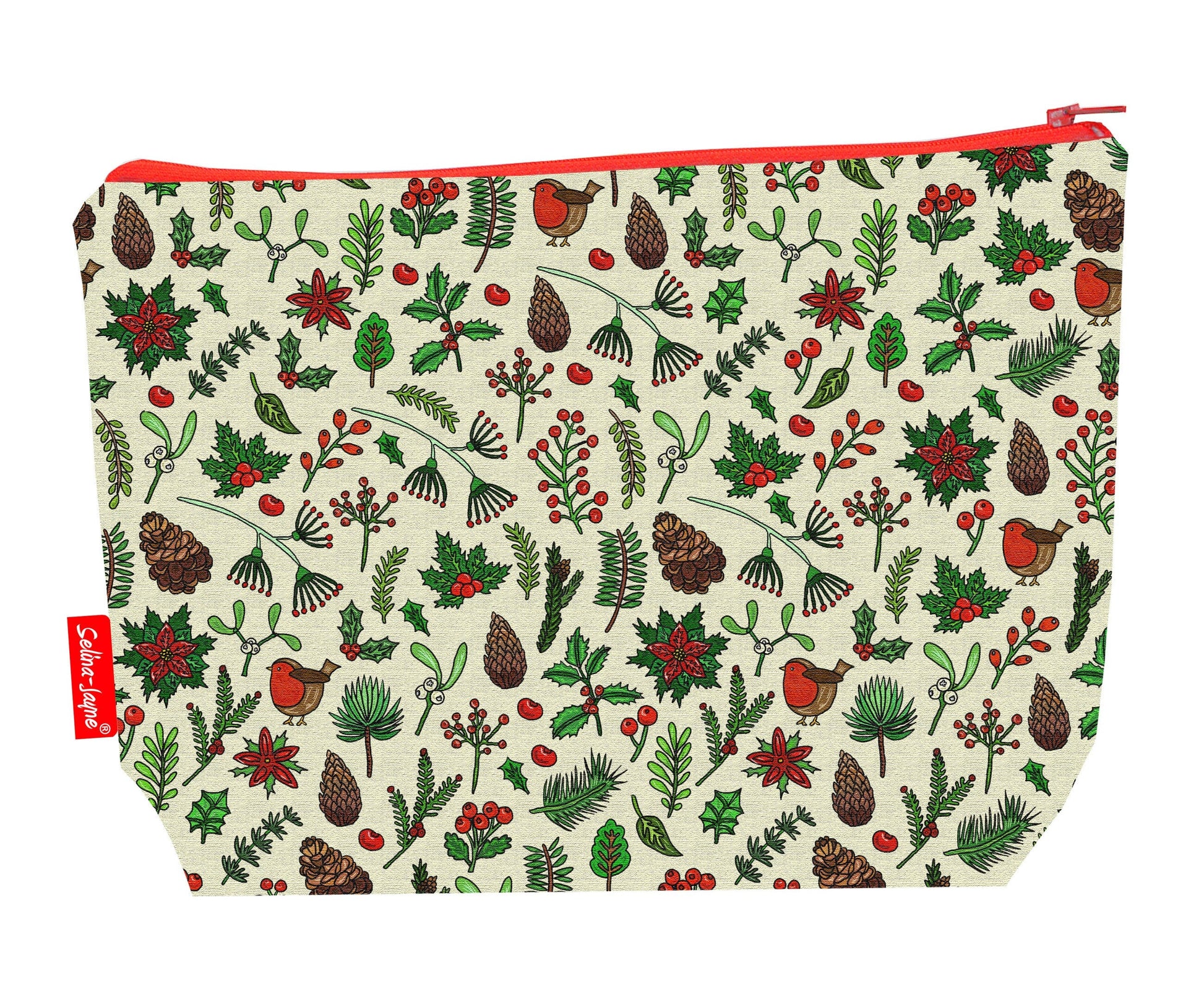 Winter Meadow toiletry bag with festive winter botanical print showing washable lining and colour-coordinated zip
