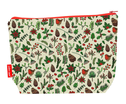 Winter Meadow toiletry bag with festive winter botanical print showing washable lining and colour-coordinated zip