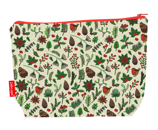 Winter Meadow toiletry bag with festive winter botanical print showing washable lining and colour-coordinated zip
