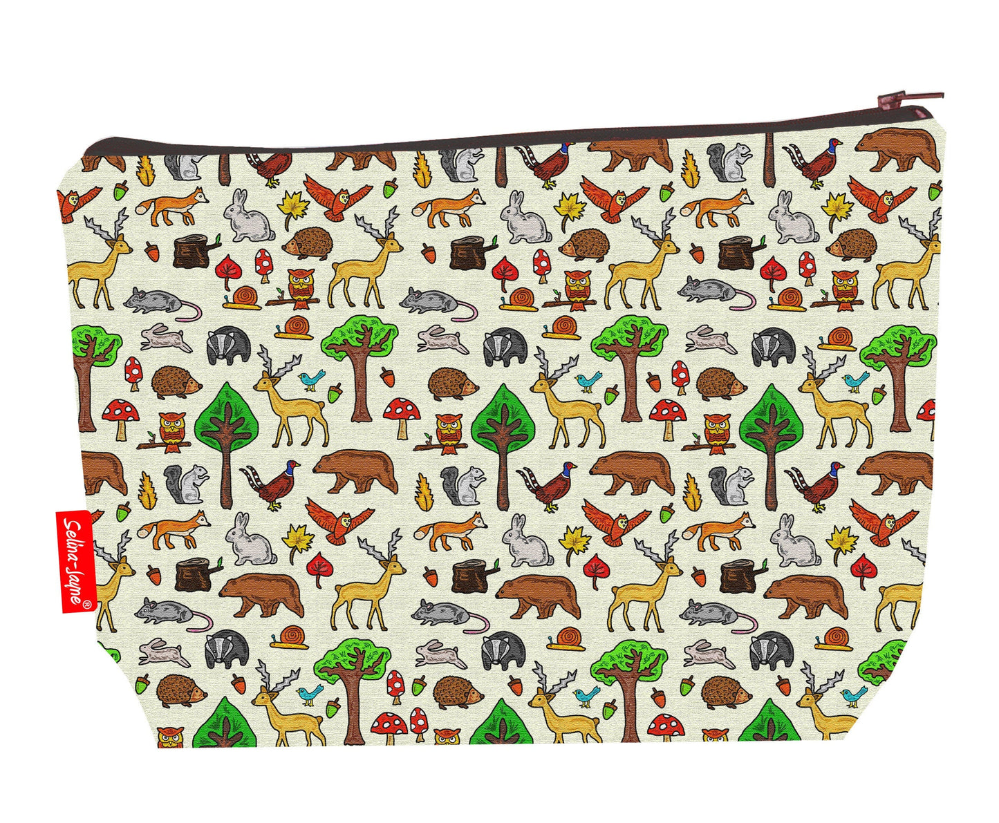 Woodland Animals toiletry bag with forest creature print showing washable lining and colour-coordinated zip