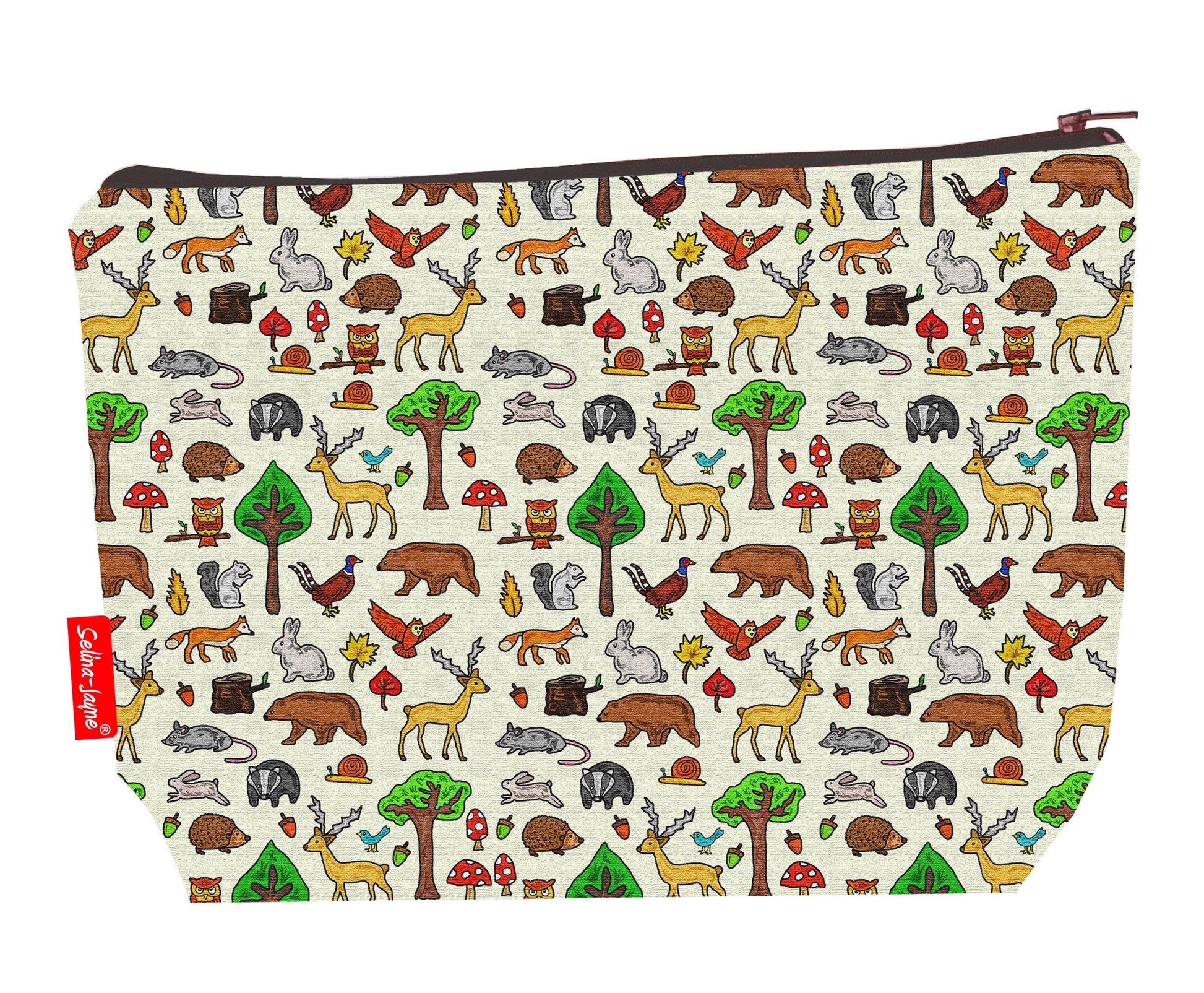 Woodland Animals toiletry bag with forest creature print showing washable lining and colour-coordinated zip