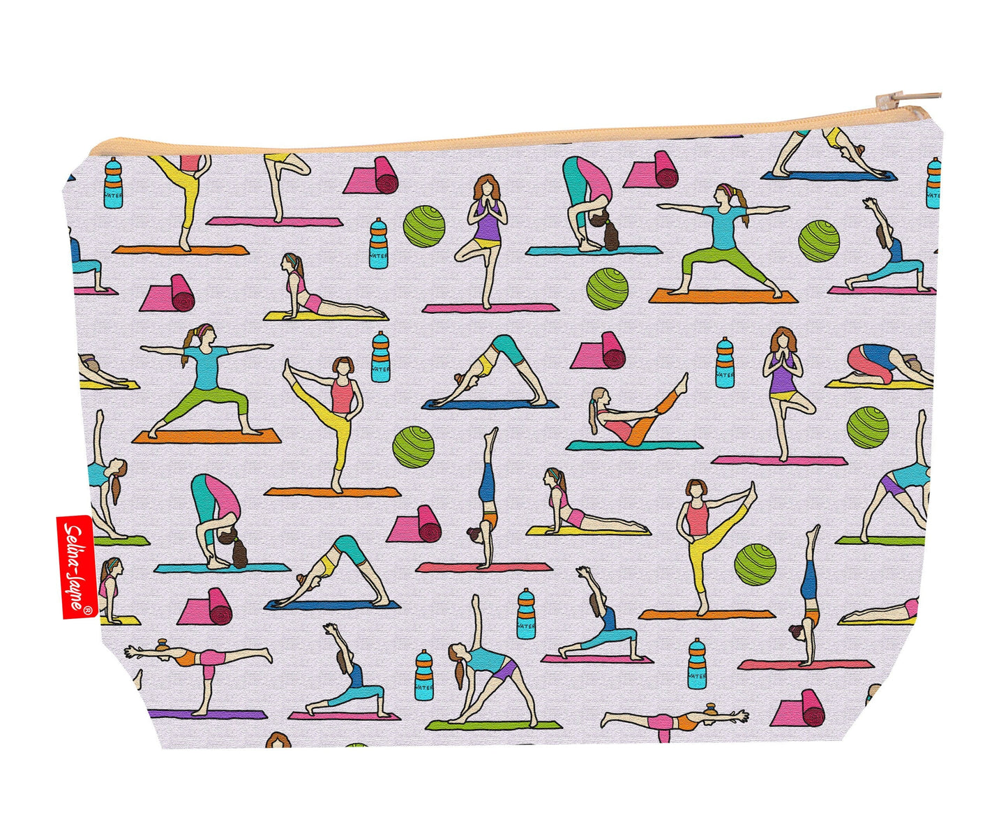 Yoga toiletry bag with wellness-inspired print showing washable lining and colour-coordinated zip