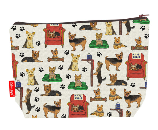 Yorkshire Terrier Dogs toiletry bag with Yorkie print showing washable lining and colour-coordinated zip