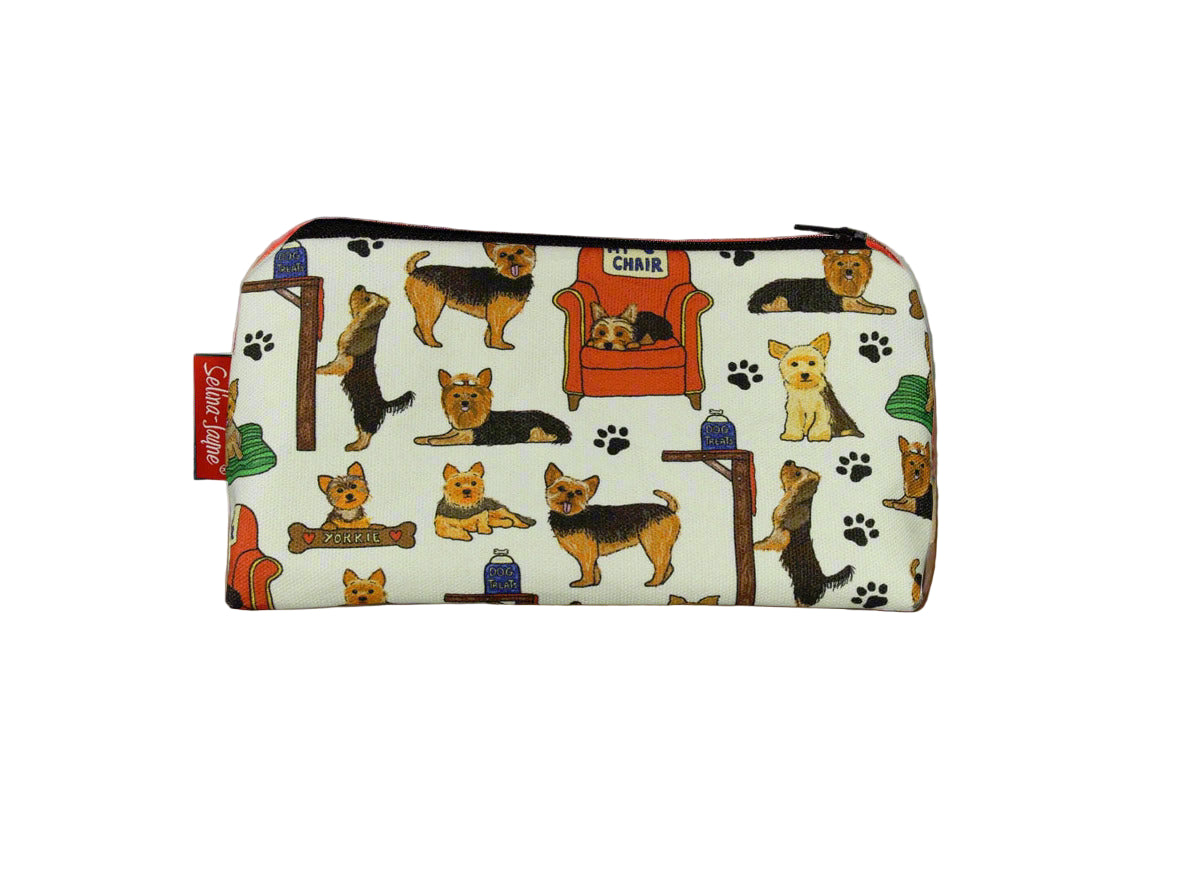 Yorkshire Terrier cosmetic bag by Selina-Jayne featuring Yorkie dog breed design on premium polyester with wipe-clean lining