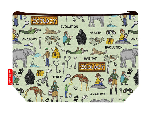 Zoologist toiletry bag with wildlife professional print showing washable lining and colour-coordinated zip