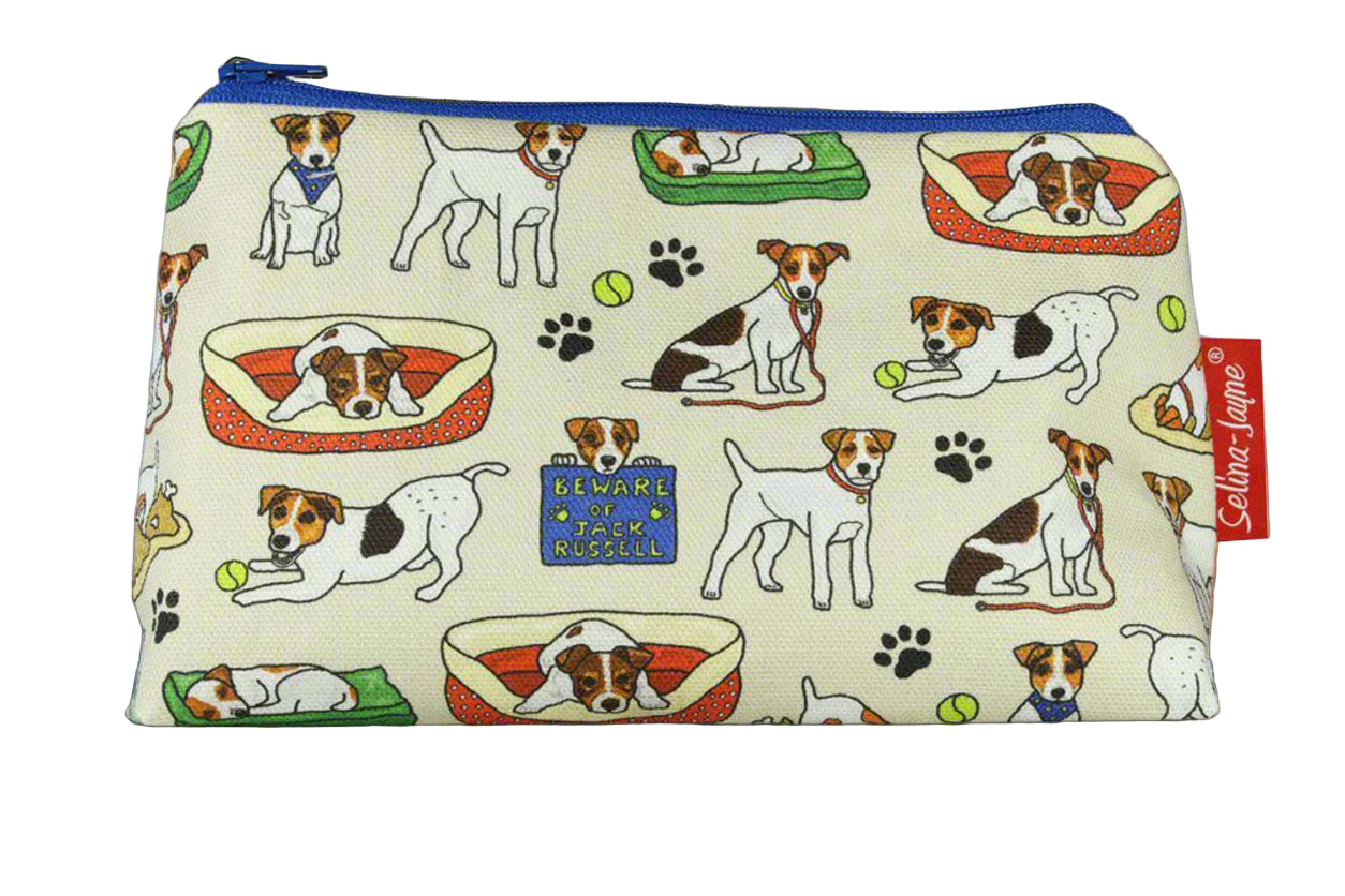 Premium Jack Russell makeup bag featuring wipe-clean lining and colourfast HD print, perfect dog lover gift