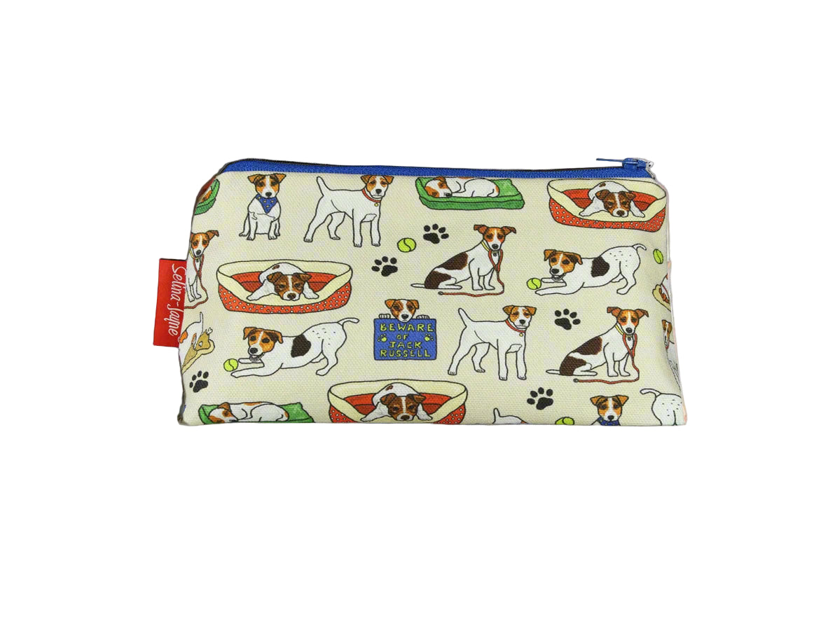 Jack Russell cosmetic bag with terrier dog illustration on durable polyester fabric with colour-coordinated zipper