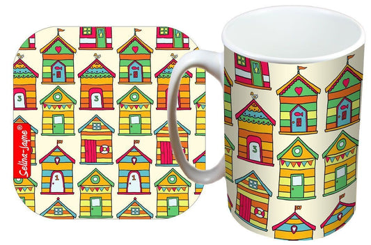 Beach Huts Mug and Coaster Gift Set by Selina-Jayne