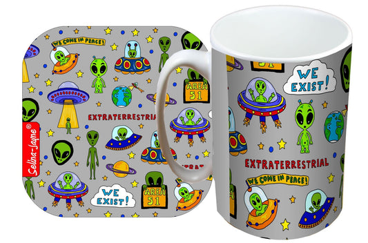 UFO Aliens Mug and Coaster Gift Set by Selina-Jayne